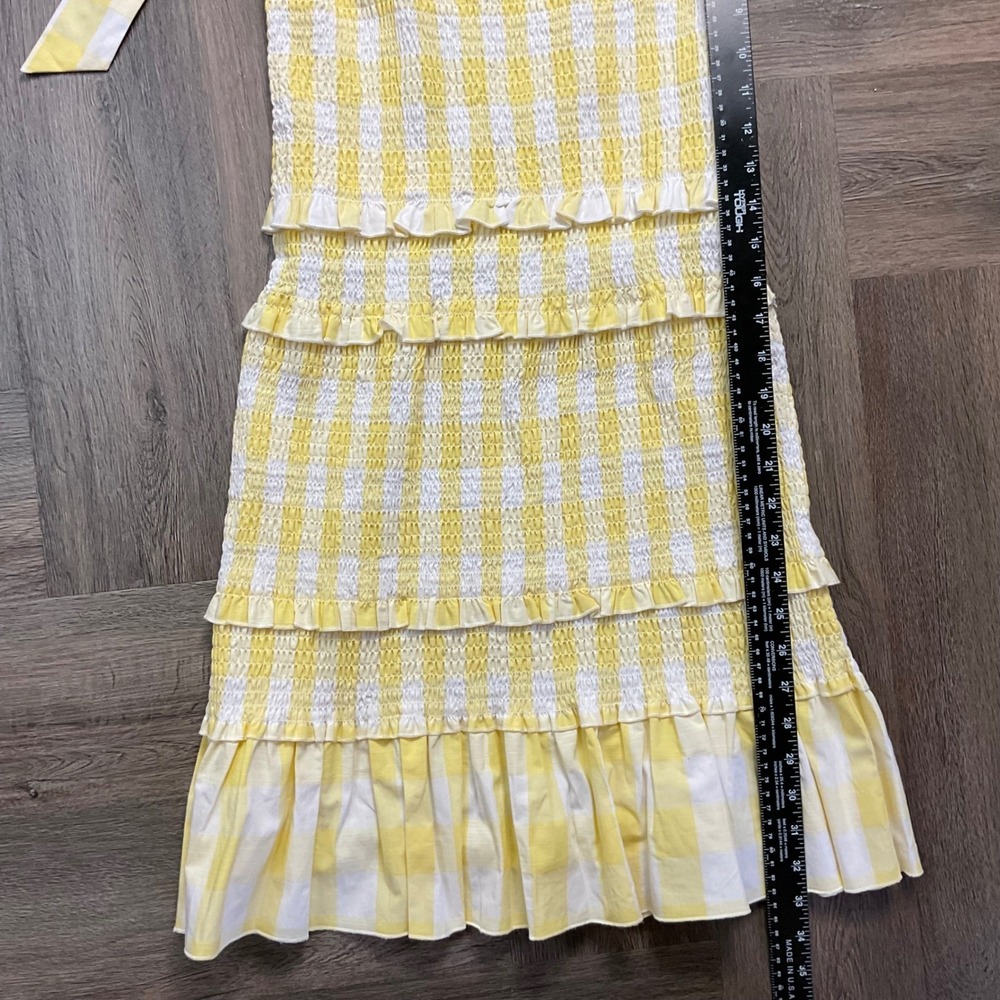 AQUA Gingham Smocked‎ Tiered Tie Shoulder Bows Dress Womens Medium Yellow White - Picture 7 of 8